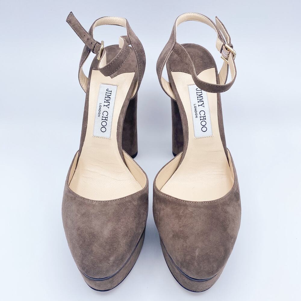 Jimmy Choo Maple 125 Stone/Taupe Suede Platform Pumps Heels - Picture 4 of 9